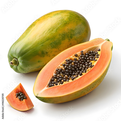 Wallpaper Mural A whole realistic papaya placed next to a single piece of its orange flesh, showing its smooth, vibrant color and the black seeds within. Torontodigital.ca