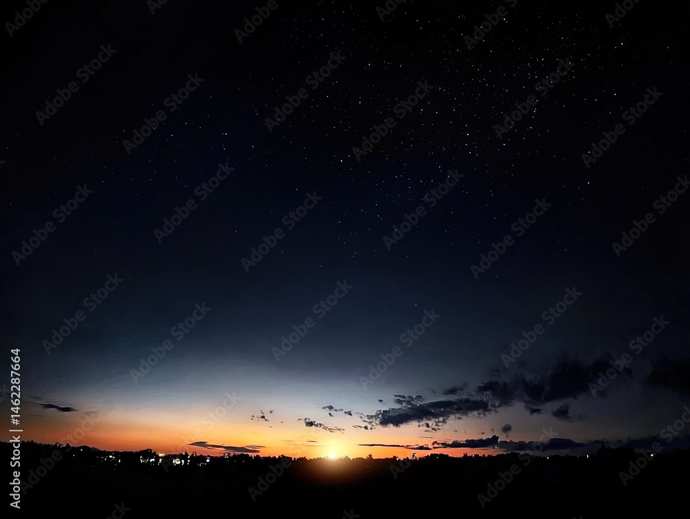 Fototapeta premium Night sky above a horizon with a setting sun.