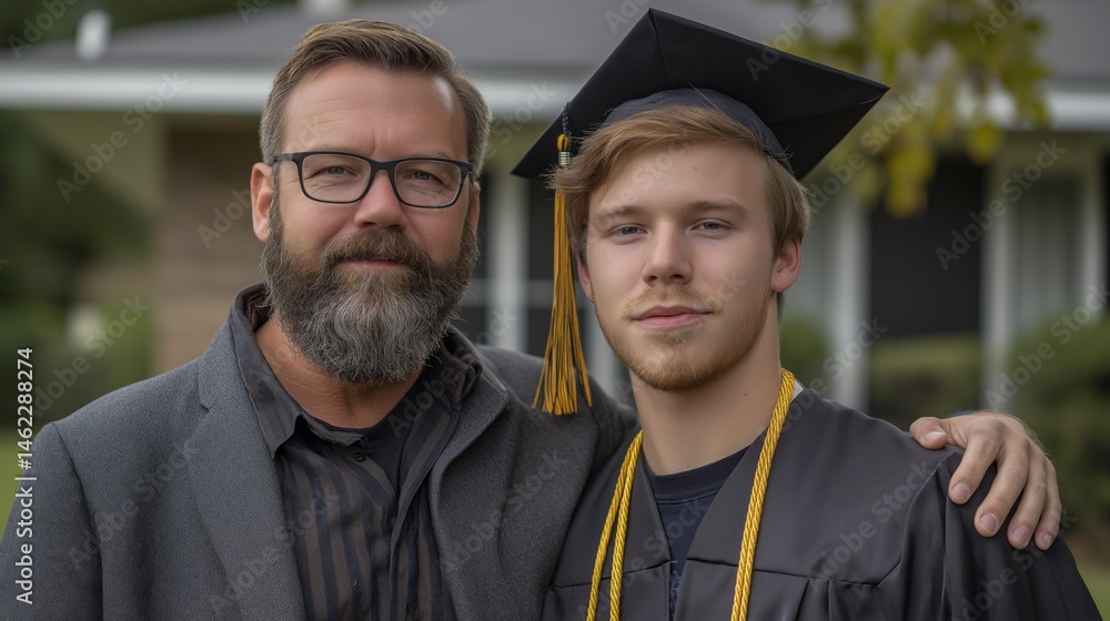 Fototapeta premium A father and his son pose together outside as the son wears a graduation cap and gown. They share a moment of pride and accomplishment in this joyful family gathering