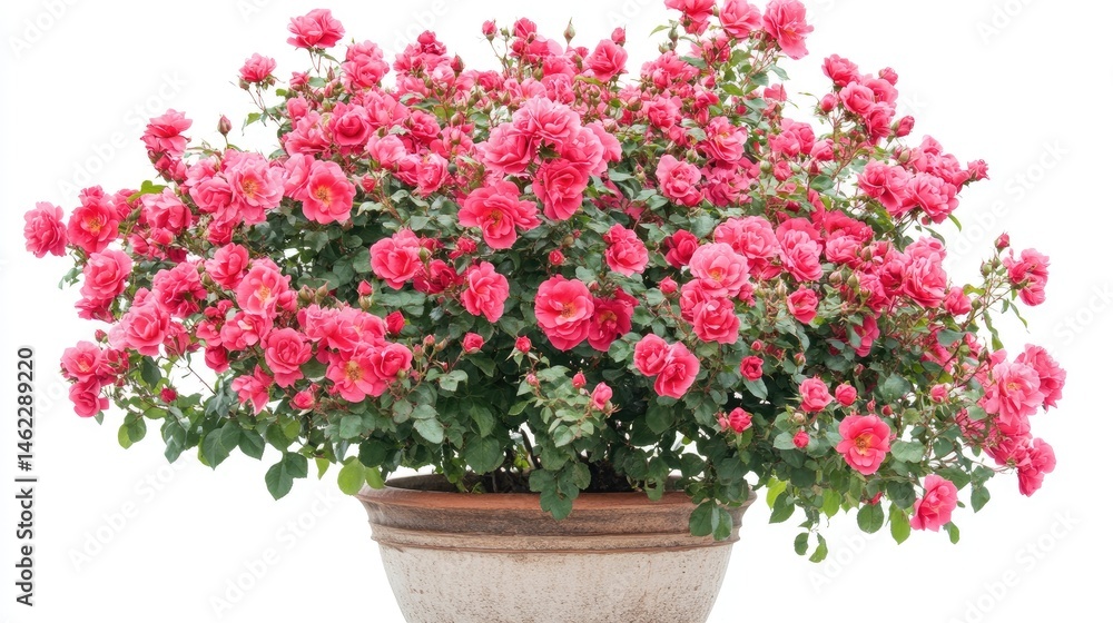 Vibrant Pink Roses in a Decorative Pot on a White Background Vibrant Pink Roses in a Decorative Pot on a White Background