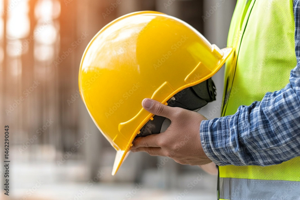 Close-up of a construction worker holding a hard hat at a building site during daylight Close-up of a construction worker holding a hard hat at a building site during daylight