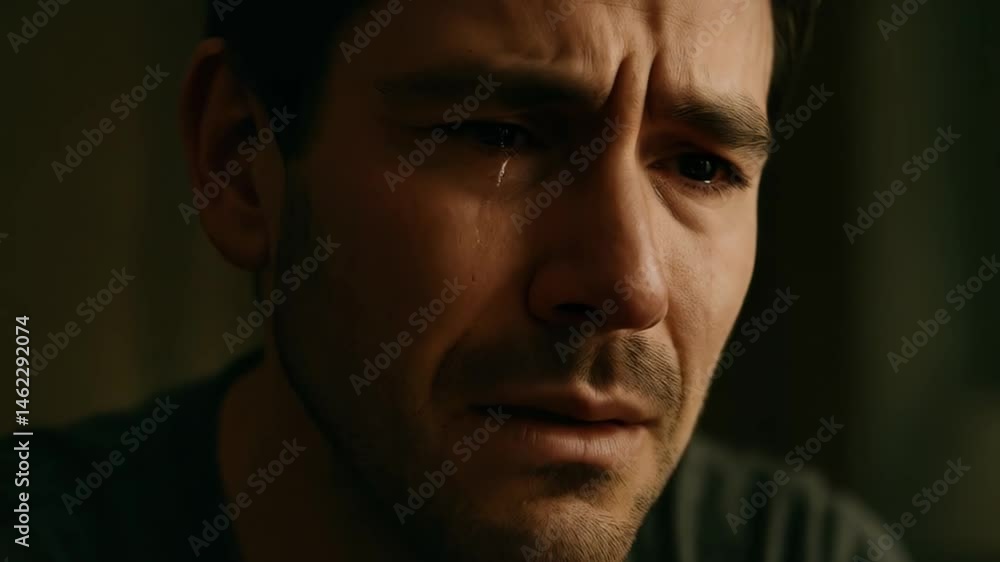 Man closes eyes and trembles, silent grief furrows brow in dark room, silent grief pools beneath lashes, silent grief speaks without words. Concept of private pain. Man closes eyes and trembles, silent grief furrows brow in dark room, silent grief pools beneath lashes, silent grief speaks without words. Concept of private pain.