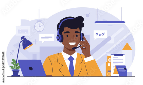 Flat Vector Of Agent Answering a Customer Call.