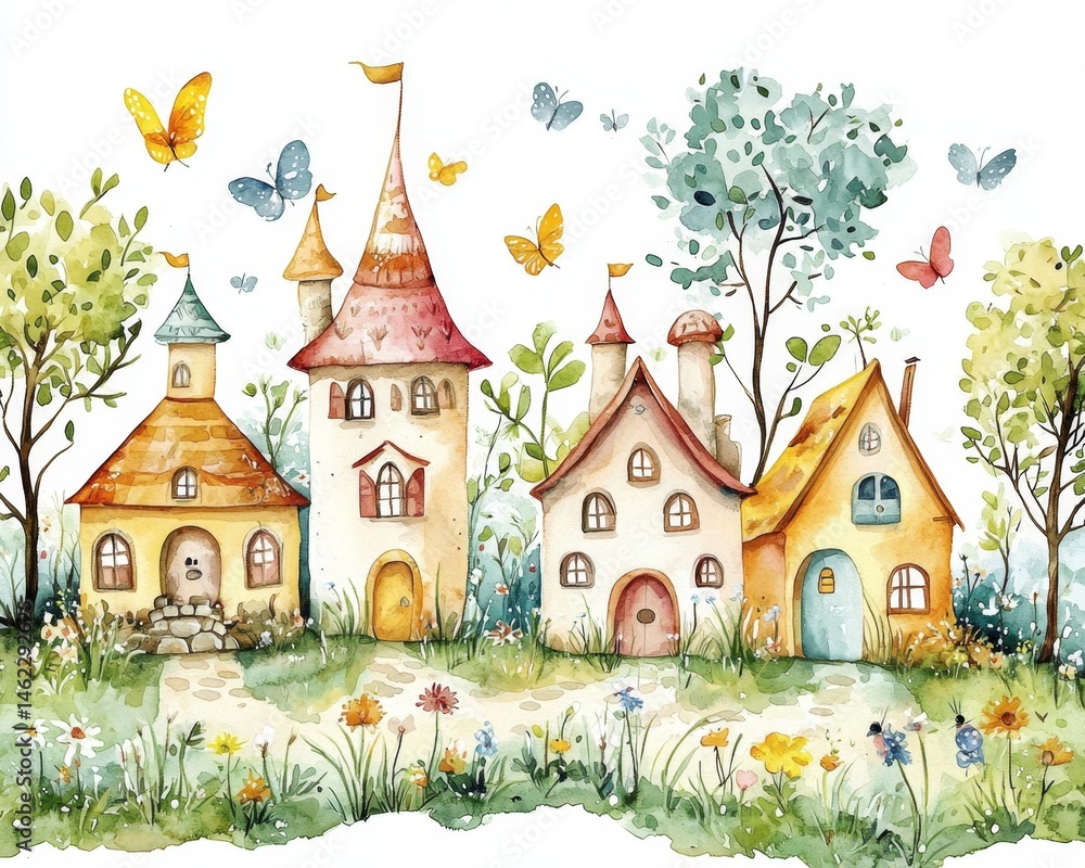 Fototapeta premium Hand-painted illustrations showcasing whimsical fairy houses surrounded by lush gardens.