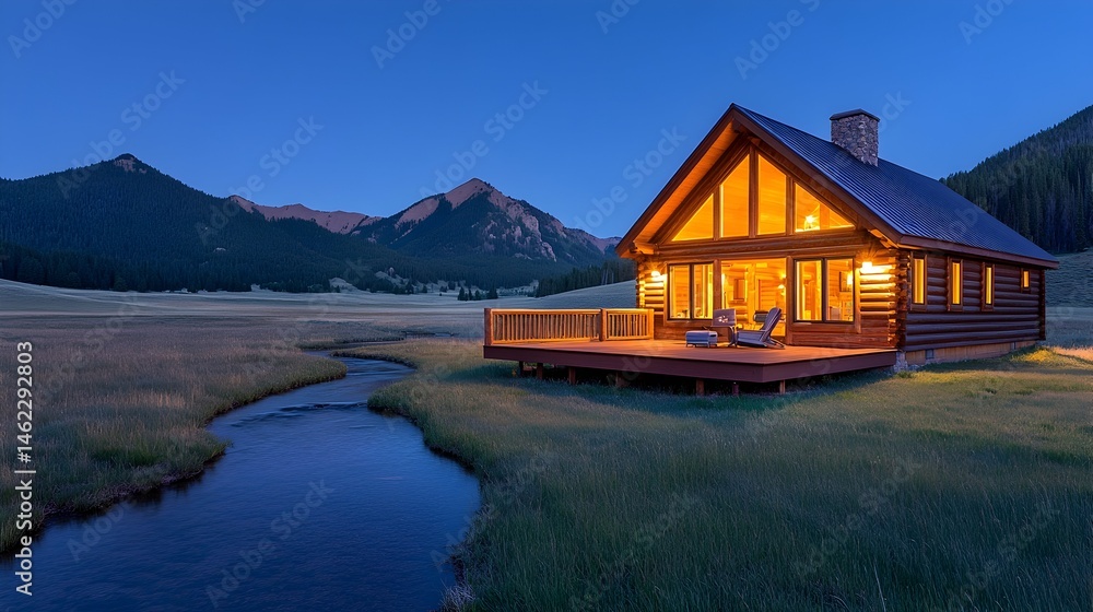 Fototapeta premium Illuminated mountain cabin by a stream at dusk