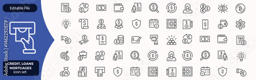 Credit, Loans and Mortgages web icons in outline style. Credit card, deposit, car leasing, rate interest, calculator, income, rating, collection. Editable stroke outline icon.