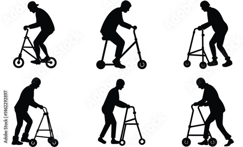 adult, knee, walker, vector, silhouette, mobility, Adult Using Knee Walker Vector Silhouette Set – Mobility Aid Clipart for Injury Recovery, Rehabilitation, and Medical Equipment Illustration Projects