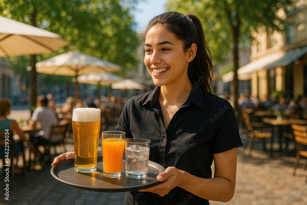 Serveuse souriante en terrasse servant des boissons fraîches un jour d’été, ambiance conviviale et ensoleillée dans un café urbain animé Serveuse souriante en terrasse servant des boissons fraîches un jour d’été, ambiance conviviale et ensoleillée dans un café urbain animé