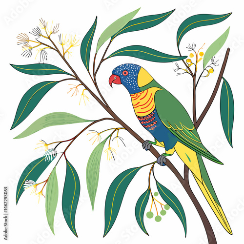 Vibrant vector artwork of a rainbow lorikeet perched on a blooming eucalyptus branch.