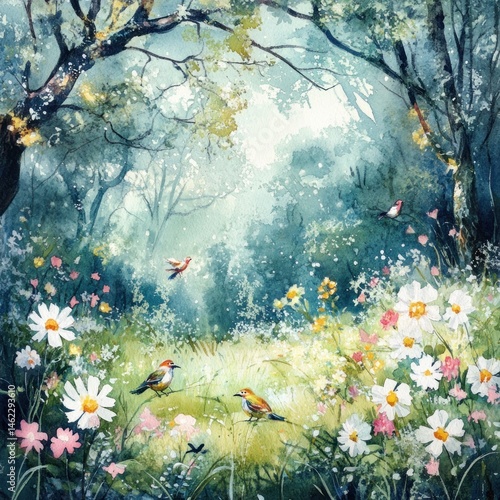Enchanting watercolor painting of a sun-dappled forest clearing, vibrant wildflowers, and birds
