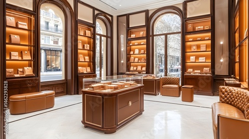 Luxurious leather goods boutique showcasing handcrafted items in an elegant, classic setting with arched windows and warm lighting