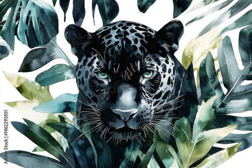 Fototapeta Naklejka Na Ścianę i Meble -  A striking depiction of a furious black jaguar amidst vibrant tropical foliage.