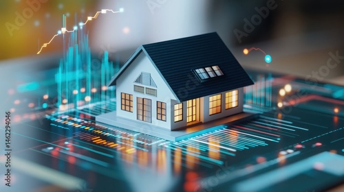 A miniature house model placed on a digital interface, symbolizing real estate investment and technology integration.