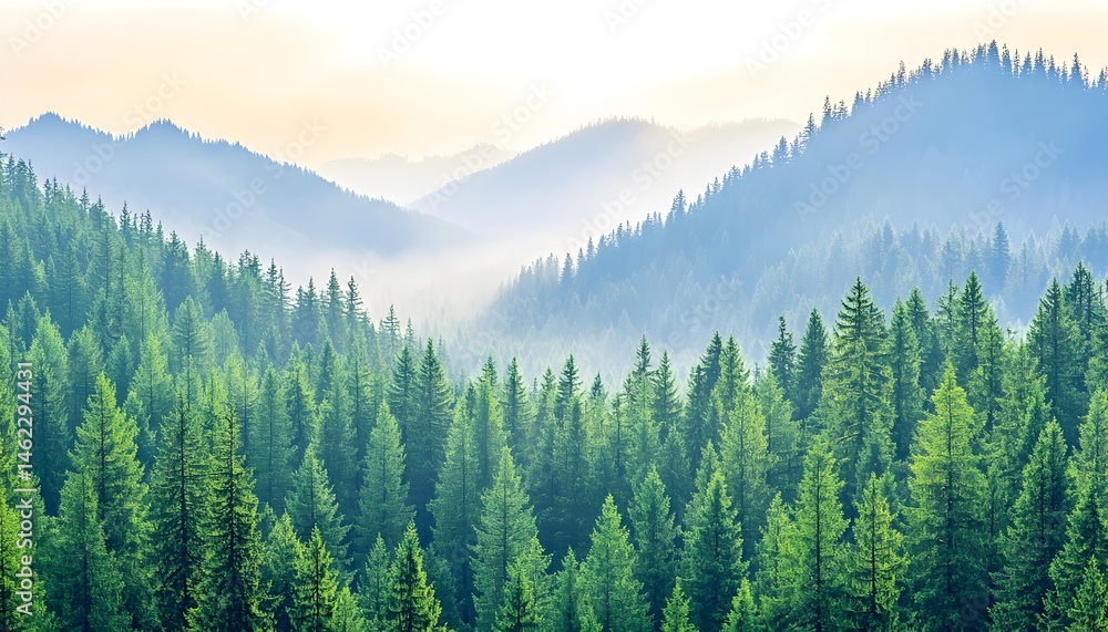 Fototapeta premium Misty mountain landscape with dense evergreen forest at sunrise