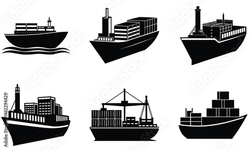 Cargo Vessel Set Vector Silhouettes – Freight Ship, Container Transport, and Maritime Logistics Clipart for Shipping, Port, and Trade Design Projects