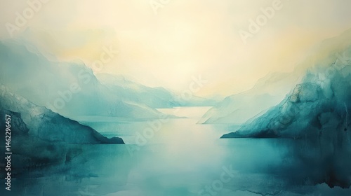 Serene, misty landscape painting of a tranquil mountain lake.
