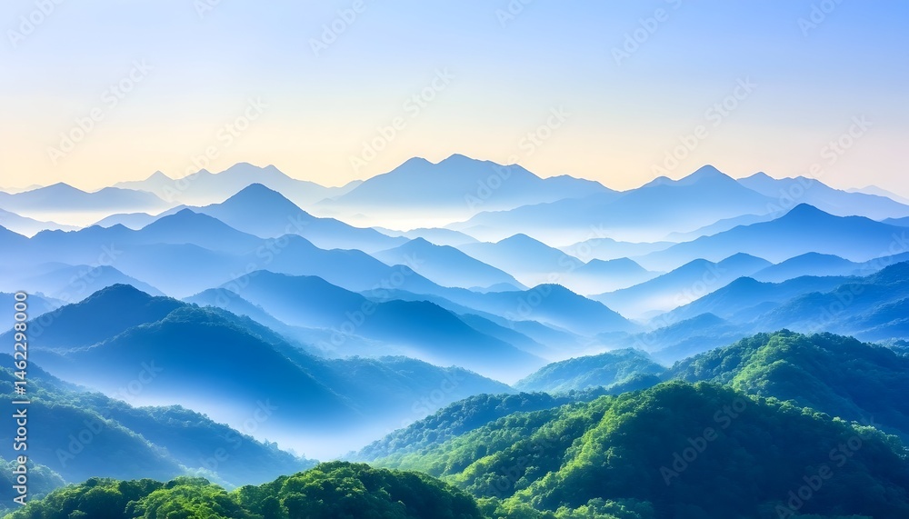 Fototapeta premium Serene sunrise over misty, layered blue mountains