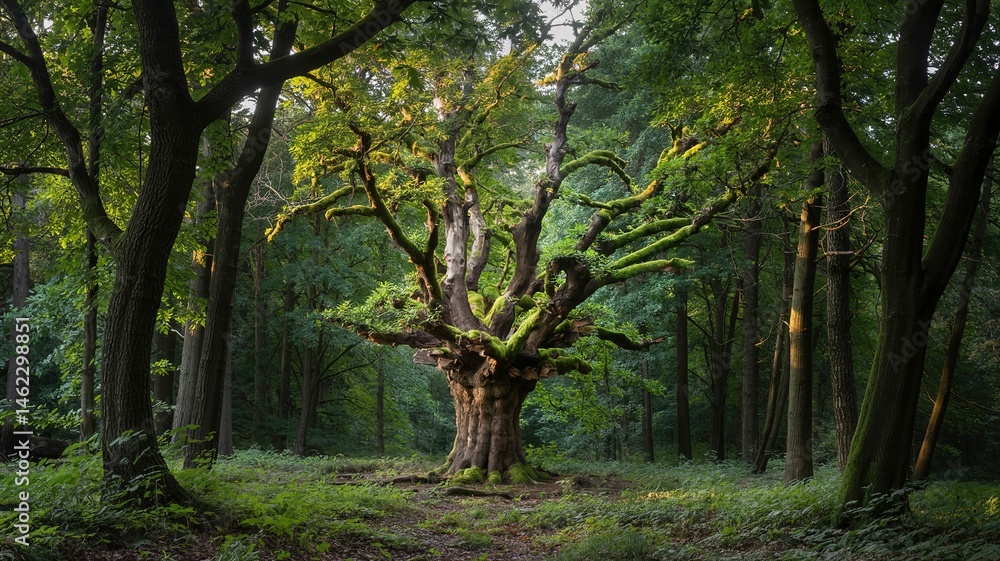 Fototapeta premium Ancient Moss-Covered Tree Dominating Forest Clearing with Sunlig