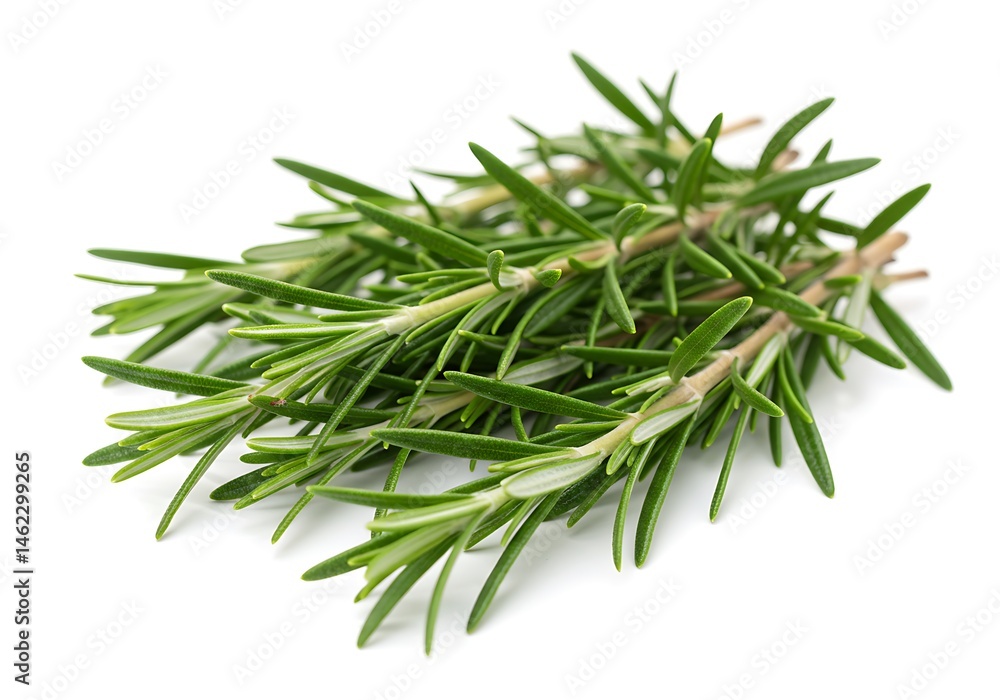A small pile of fresh rosemary sprigs arranged on a white surface in a studio setting for photography A small pile of fresh rosemary sprigs arranged on a white surface in a studio setting for photography