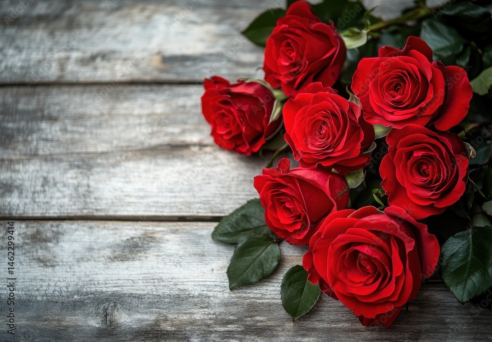 Naklejka premium Elegant Arrangement of Fresh Red Roses on a Rustic Wooden Background, Perfect for Celebrations, Love, and Romantic Occasions