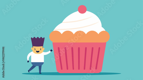 Giant Cupcake and Miniature Chef A cheerful chef that is no taller than a cupcakes icing is shown trying to decorate a gigantic cupcake. The cupcake towers over the chef who is