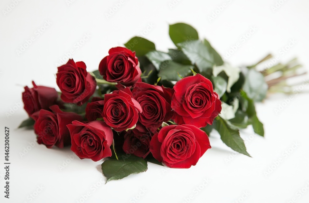 Elegant bouquet of fresh red roses with rich green leaves on a light background, perfect for romantic occasions and floral arrangements Elegant bouquet of fresh red roses with rich green leaves on a light background, perfect for romantic occasions and floral arrangements