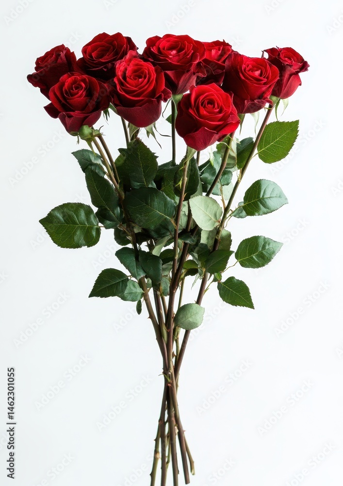 Fototapeta premium Elegant bouquet of vibrant red roses arranged beautifully on a plain background, perfect for celebrating love and special occasions, symbolizing romance and passion