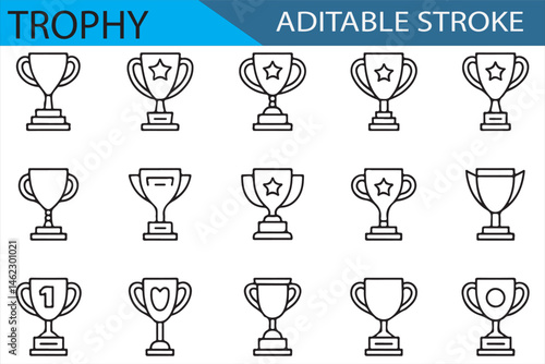 Simple Trophy Icons with Editable Stroke for Prize and Contest Designs