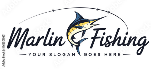 Striped Marlin Fishing Logo Design with Hook and Line