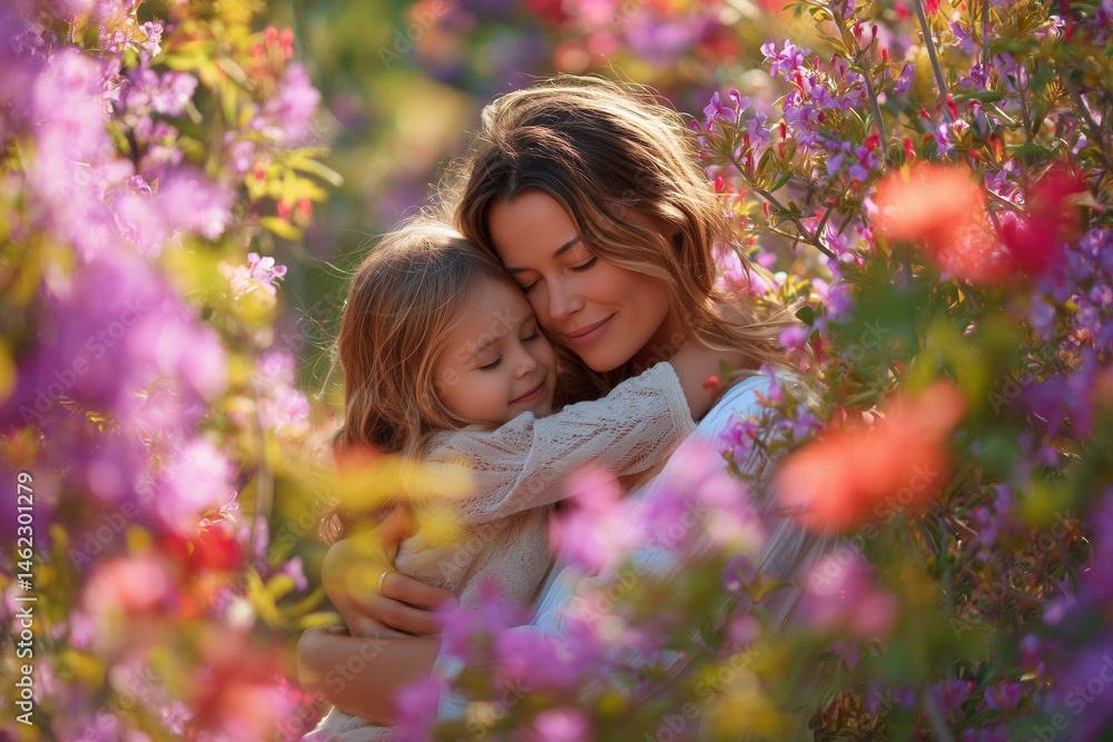 Fototapeta premium Mother and Child Embracing in a Blooming Garden