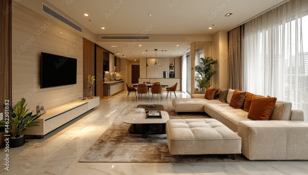 Fototapeta premium Modern apartment living room interior design, open plan layout, city view