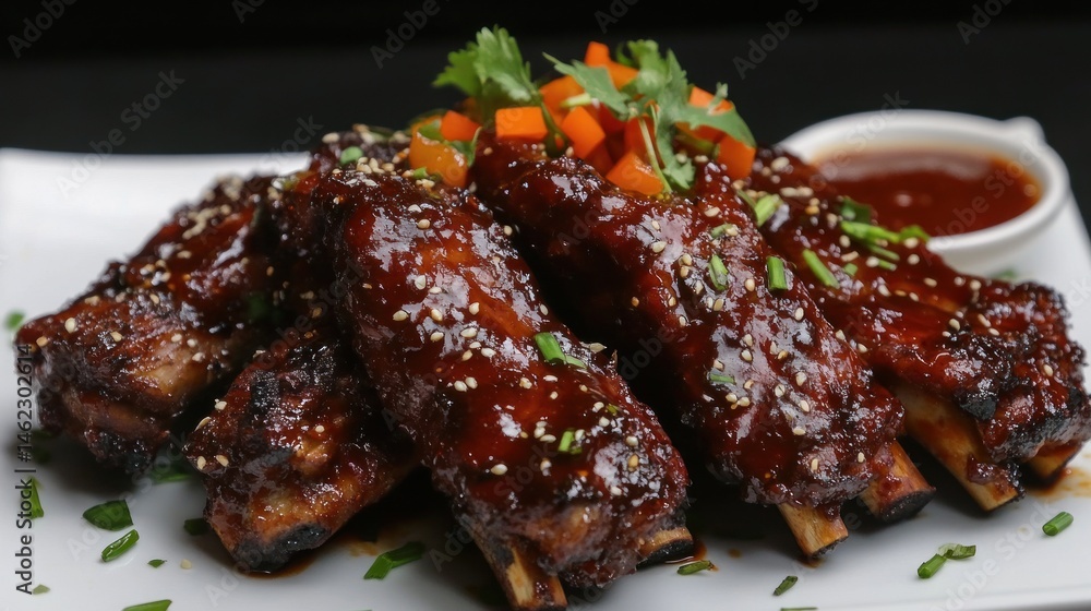 Delicious Glazed Pork Ribs with Sesame Seeds and Garnish Delicious Glazed Pork Ribs with Sesame Seeds and Garnish
