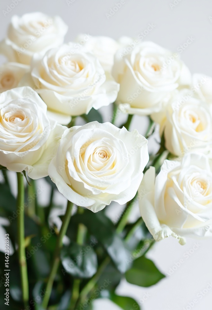 Obraz premium Elegant White Roses Bouquet with Delicate Cream Petals, Fresh Green Leaves, Perfect for Celebrations, Weddings, Events, and Home Decor