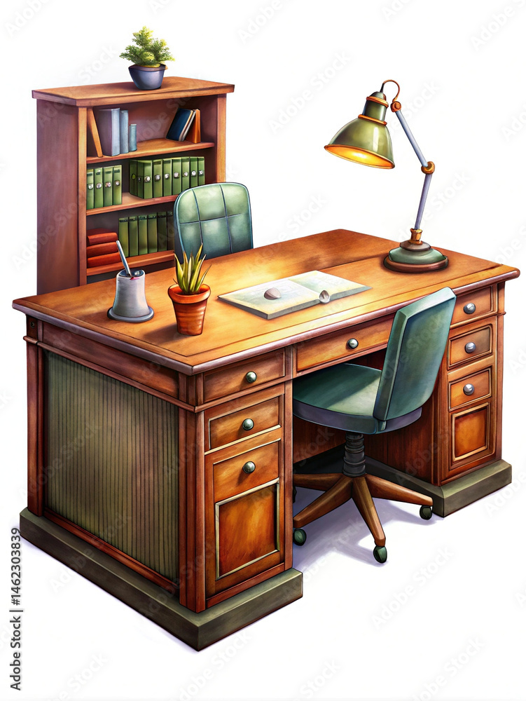 Illustration of a Detailed Wooden Desk Setup with Accessories and Bookshelf Illustration of a Detailed Wooden Desk Setup with Accessories and Bookshelf