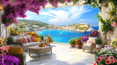 Serene Coastal View from a Beautiful Patio Surrounded by Flowers