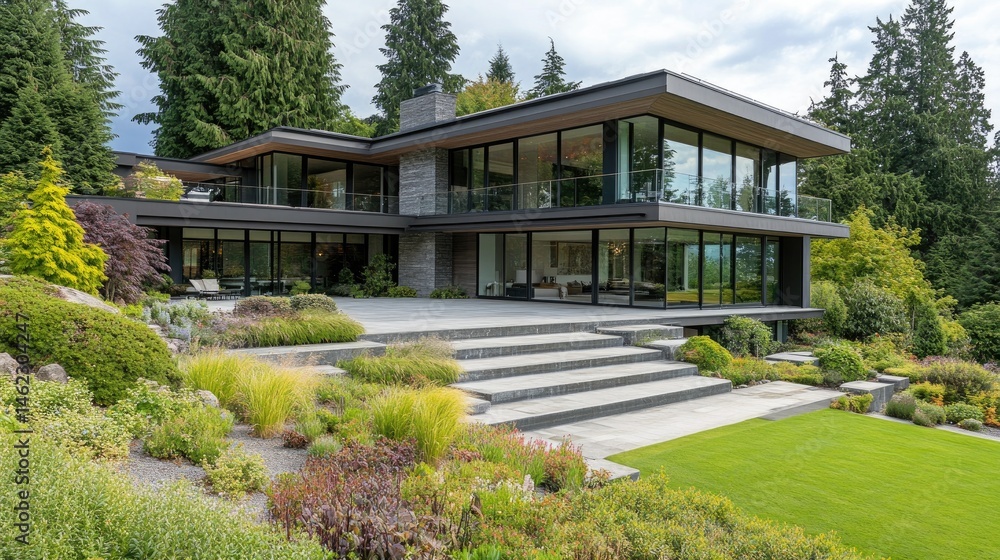 Modern Architectural Home Surrounded by Lush Green Forest Landscape Modern Architectural Home Surrounded by Lush Green Forest Landscape