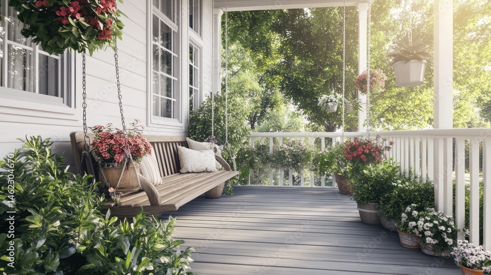 Fototapeta premium Peaceful porch swing with flowers on a summer day; home lifestyle, relaxing