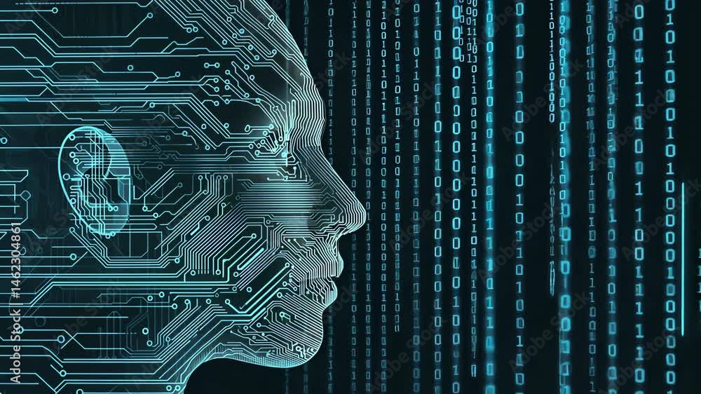 Future AI tech machine learning, face outline circuit board and binary data flow on blue Loop background. cyber mind Human fast digital computing