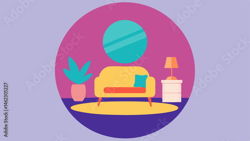Living Room Bubble A vibrant living room scene that appears to be encased in a round bubble. The furniture including a fluffy sofa and a coffee table s outward with exaggerated