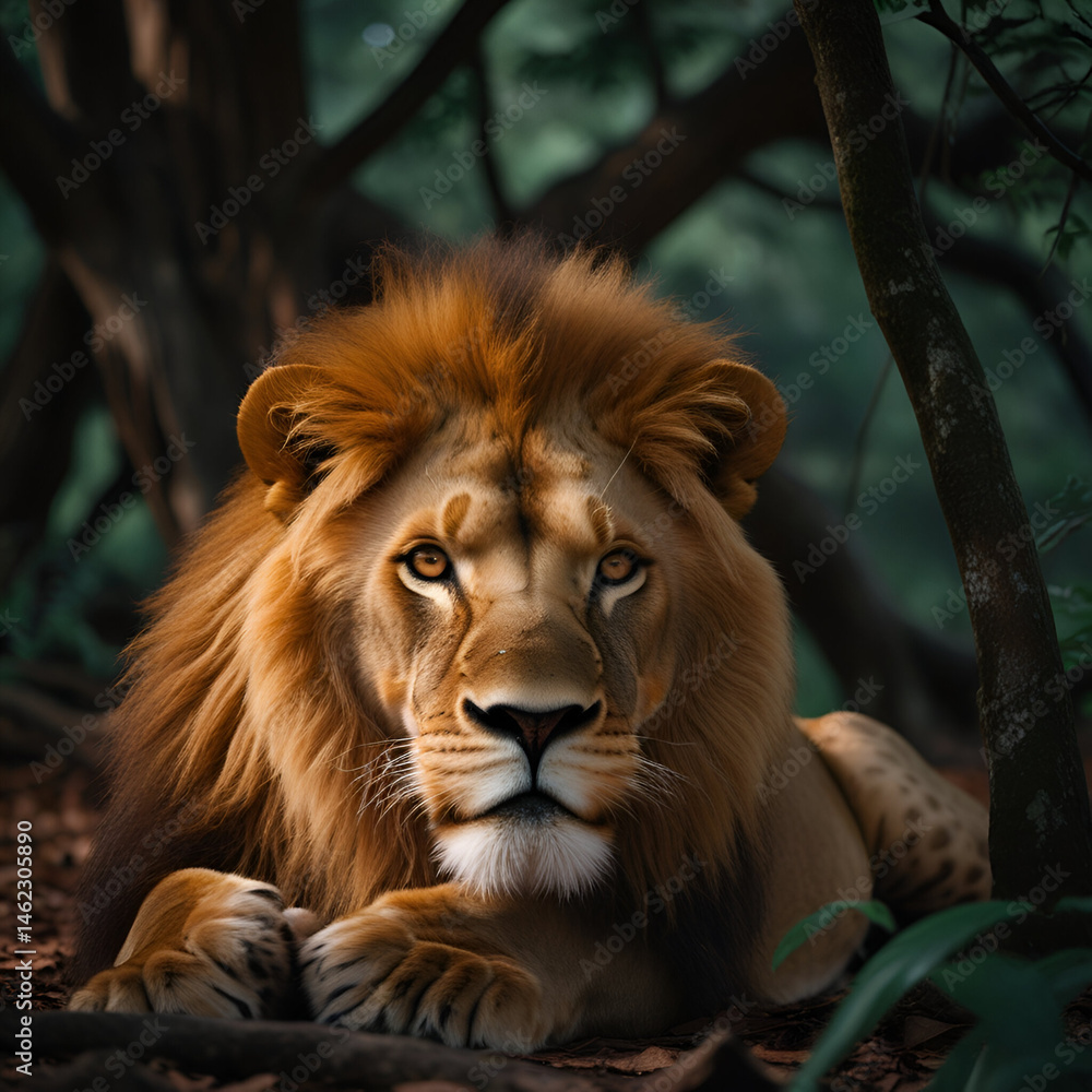 Fototapeta premium A lion laying down in the middle of a forest