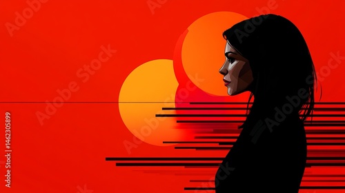 Woman is silhouetted against a backdrop of orange circles and horizontal lines in an illustration.