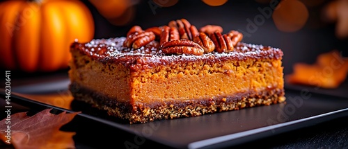 Pumpkin pie cheesecake bar topped with pecans