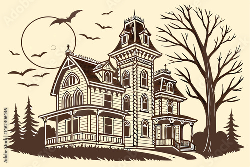 10 Victorian haunted mansion, intricate architectural details, turrets and towers, ornate windows, full moon, flying bats, bare tree silhouette, spooky atmosphere, sepia toned illustration, Gothic rev