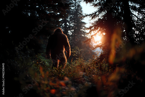 A Cryptid Creature Resembling Bigfoot Walks Through a Misty Forest as the Sunrises or Sets, Sparking Curiosity About Folklore, Mythical Beings, and Unexplained Phenomena in Nature