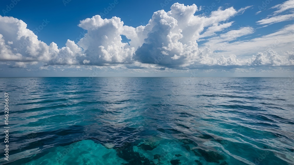 Fototapeta premium Serene Ocean Vista Blue Water Cumulus Clouds Sunny Sky Seascape