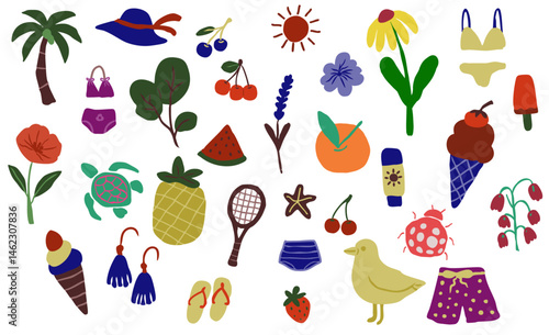 Colorful summer themed illustrations featuring tropical elements, fruits, and beachwear evoke joyful vibe