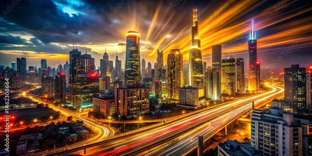 Fototapeta premium Night Cityscape Portrait: Red & Yellow Light Streaks, Dramatic Skyline