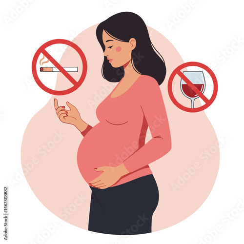 Pregnant woman conveying importance of avoiding smoking and drinking , suitable for educational materials