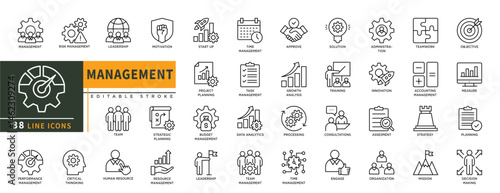 Minimalist Management line icons set with editable stroke, featuring risk management, leadership, motivation, team, planning, start up, approve, growth analysis, training. thin linear illustration.
