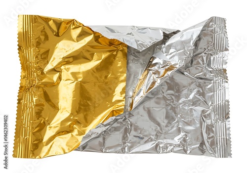 A partially unwrapped candy bar wrapper showing gold and silver foil on a white background isolated view